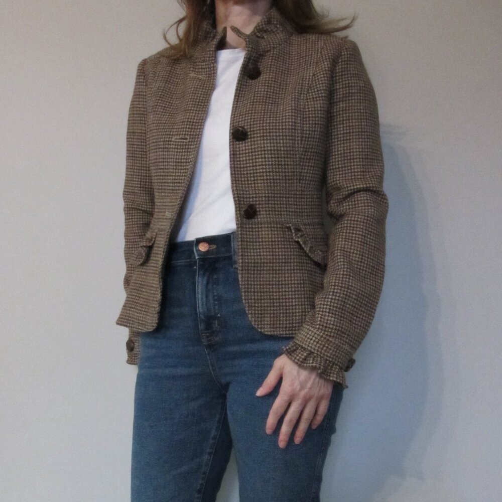 J Crew Blazer Womens Brown Wool Blend Houndstooth Jacket Ruffle - Picture 12 of 12